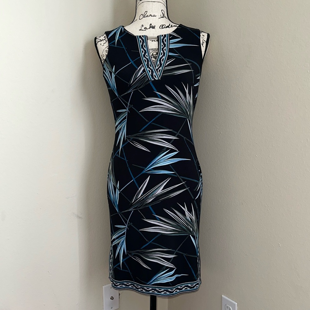 Tropical Floral Sheath Dress Black Blue Sleeveless Embroidered Trim Knee Length